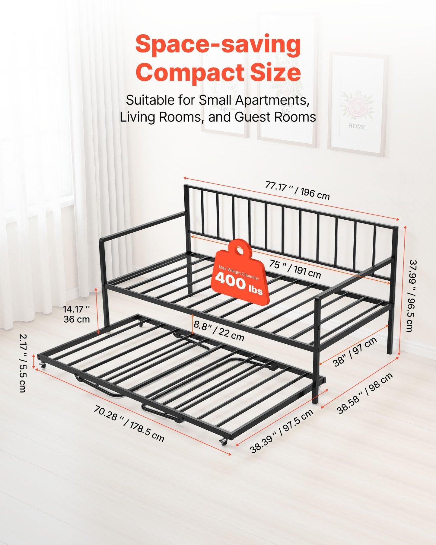 Twin Size Daybed Frame, Height Adjustable Day Bed with Trundle, Heavy Duty Metal Platform Bed Frame with LED Light and Charging Station, Twin Daybed with Metal Slats for Living Room, Bedroom