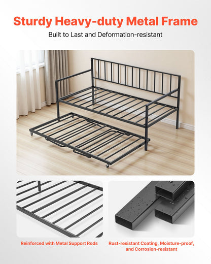 Twin Size Daybed Frame, Height Adjustable Day Bed with Trundle, Heavy Duty Metal Platform Bed Frame with LED Light and Charging Station, Twin Daybed with Metal Slats for Living Room, Bedroom