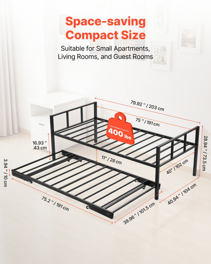 Twin Size Daybed Frame, Day Bed with Trundle, Heavy Duty Metal Platform Bed Frame, Twin Daybed with Metal Slats Support for Living Room, Bedroom, Guest Room, Easy Assembly, Black