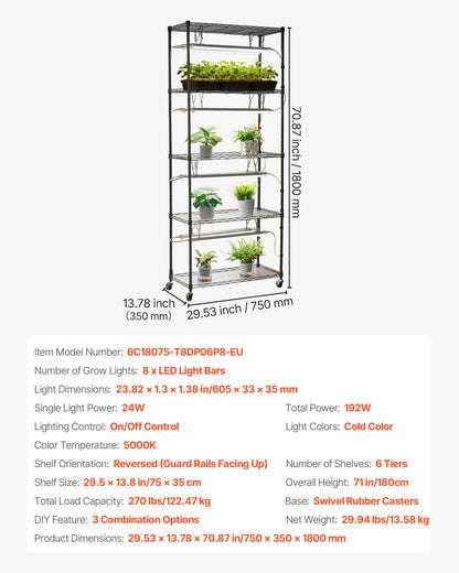 DIY Plant Shelf with Grow Lights, 71 in Tall Indoor Plant Stand with Wheels, 192W 5000K Full Spectrum Grow Lights, Heavy Duty Metal Plants Display Rack, Flower Pot Holder for Seed Starting