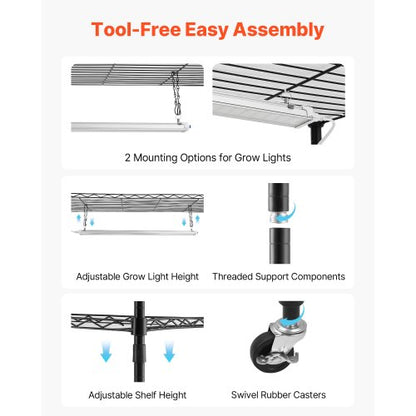 Växthylla med odlingslampa, 6-vånings inomhusväxtställ, 180 cm högt växtställ med hjul och 4/9/14 timmars timer, 150W 3-färgs fullspektrum odlingslampor, blomkruka för fröstart |  EU
