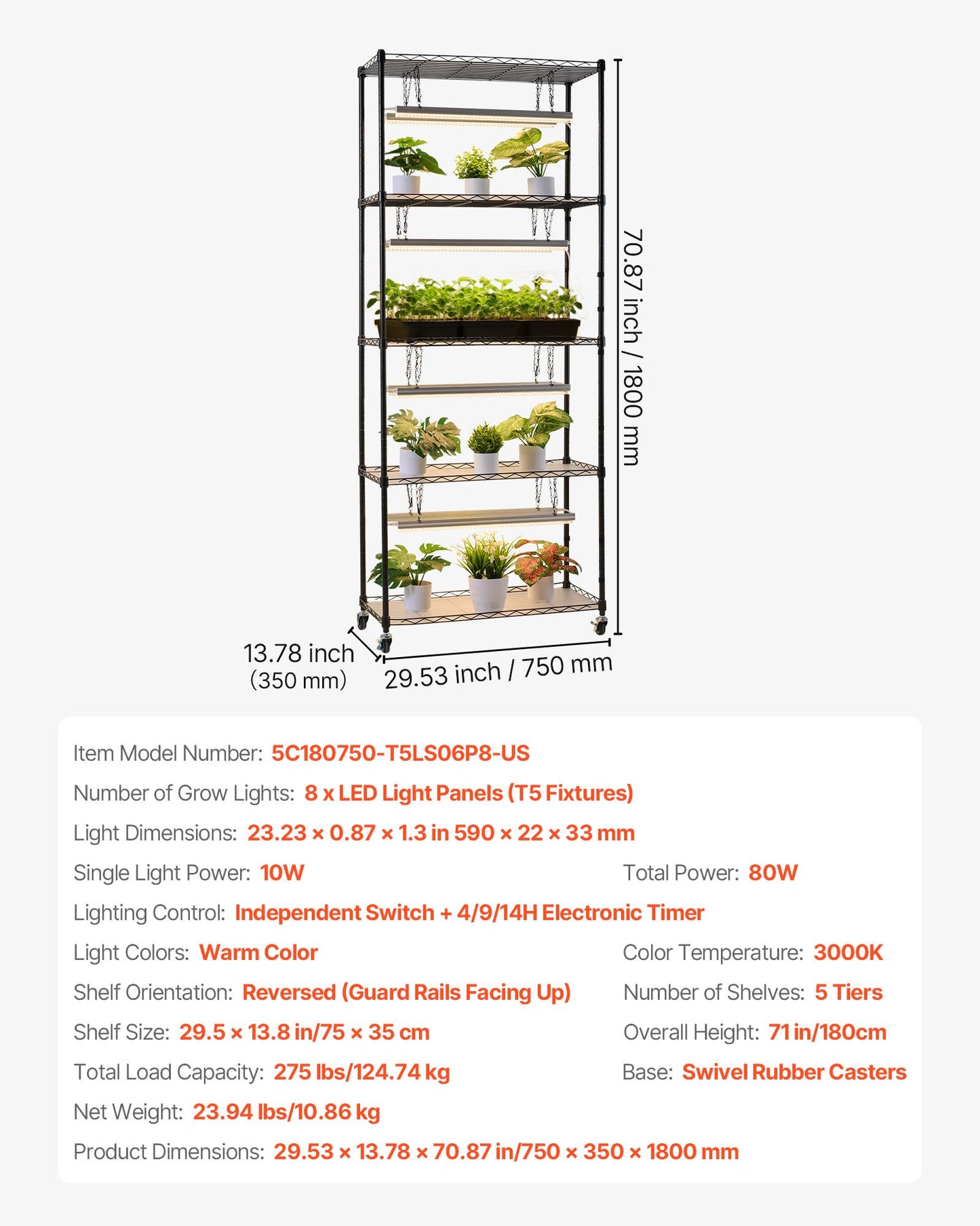 Plant Shelf with Grow Light, 5-Tier Indoor Plant Stand, 71 in Tall Plants Display Rack with Wheels & 4/9/14H Timer, 80W T5 LED Full Spectrum Grow Lights, Flower Pot Holder for Seed Starting
