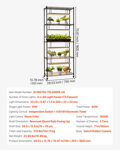 Plant Shelf with Grow Light, 5-Tier Indoor Plant Stand, 71 in Tall Plants Display Rack with Wheels & 4/9/14H Timer, 80W T5 LED Full Spectrum Grow Lights, Flower Pot Holder for Seed Starting