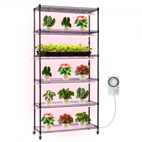 Plant Shelf with Grow Light, 6-Tier Indoor Plant Stand, 71in Tall Indoor Plants Display Rack with Wheels & Timer, 150W 3800K Full Spectrum Grow Lights, Metal Flower Pot Holder for Seed Starting