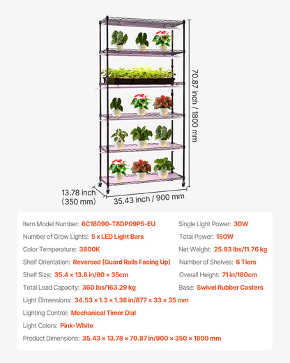 Plant Shelf with Grow Light, 6-Tier Indoor Plant Stand, 71in Tall Indoor Plants Display Rack with Wheels & Timer, 150W 3800K Full Spectrum Grow Lights, Metal Flower Pot Holder for Seed Starting