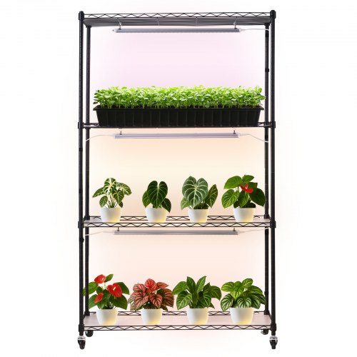 Plant Shelf with Grow Light, 4-Tier Indoor Plant Stand, 59in Tall Plants Display Rack with Wheels, 90W 3-Color Full Spectrum Grow Lights, Heavy Duty Metal Flower Pot Holder for Seed Starting