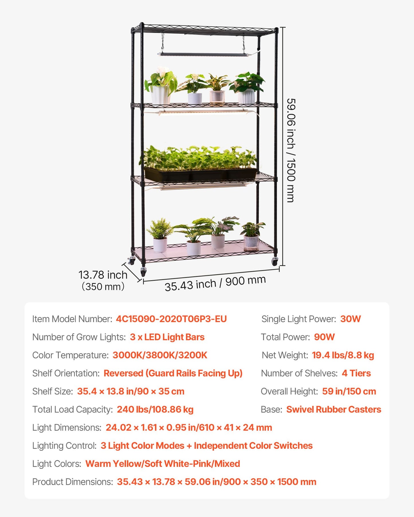 Plant Shelf with Grow Light, 4-Tier Indoor Plant Stand, 59in Tall Plants Display Rack with Wheels, 90W 3-Color Full Spectrum Grow Lights, Heavy Duty Metal Flower Pot Holder for Seed Starting