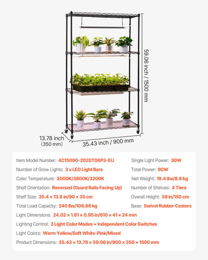 Plant Shelf with Grow Light, 4-Tier Indoor Plant Stand, 59in Tall Plants Display Rack with Wheels, 90W 3-Color Full Spectrum Grow Lights, Heavy Duty Metal Flower Pot Holder for Seed Starting