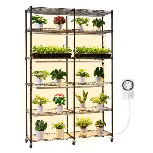 Plant Shelf with Grow Light, 6-Tier Double-Row Plant Stand, 71in Tall Indoor Plants Display Rack with Wheels & Timer, 200W Full Spectrum Grow Lights, Metal Flower Pot Holder for Seed Starting