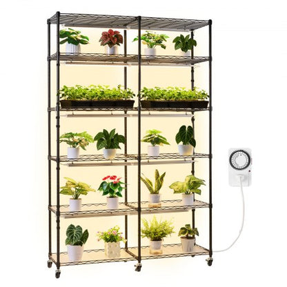 Plant Shelf with Grow Light, 6-Tier Double-Row Plant Stand, 71in Tall Indoor Plants Display Rack with Wheels & Timer, 200W Full Spectrum Grow Lights, Metal Flower Pot Holder for Seed Starting