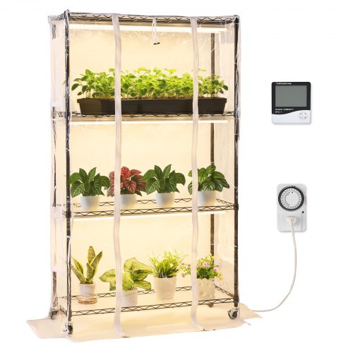 Indoor Greenhouse with Grow Light, 59 in Tall 4-Tier Plant Stand with Clear Cover, Timer & Hygrometer, 180W Full Spectrum Grow Lights, Metal Lighted Plants Shelf Holder for Indoor Plants