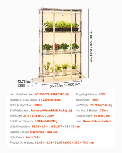 Indoor Greenhouse with Grow Light, 59 in Tall 4-Tier Plant Stand with Clear Cover, Timer & Hygrometer, 180W Full Spectrum Grow Lights, Metal Lighted Plants Shelf Holder for Indoor Plants