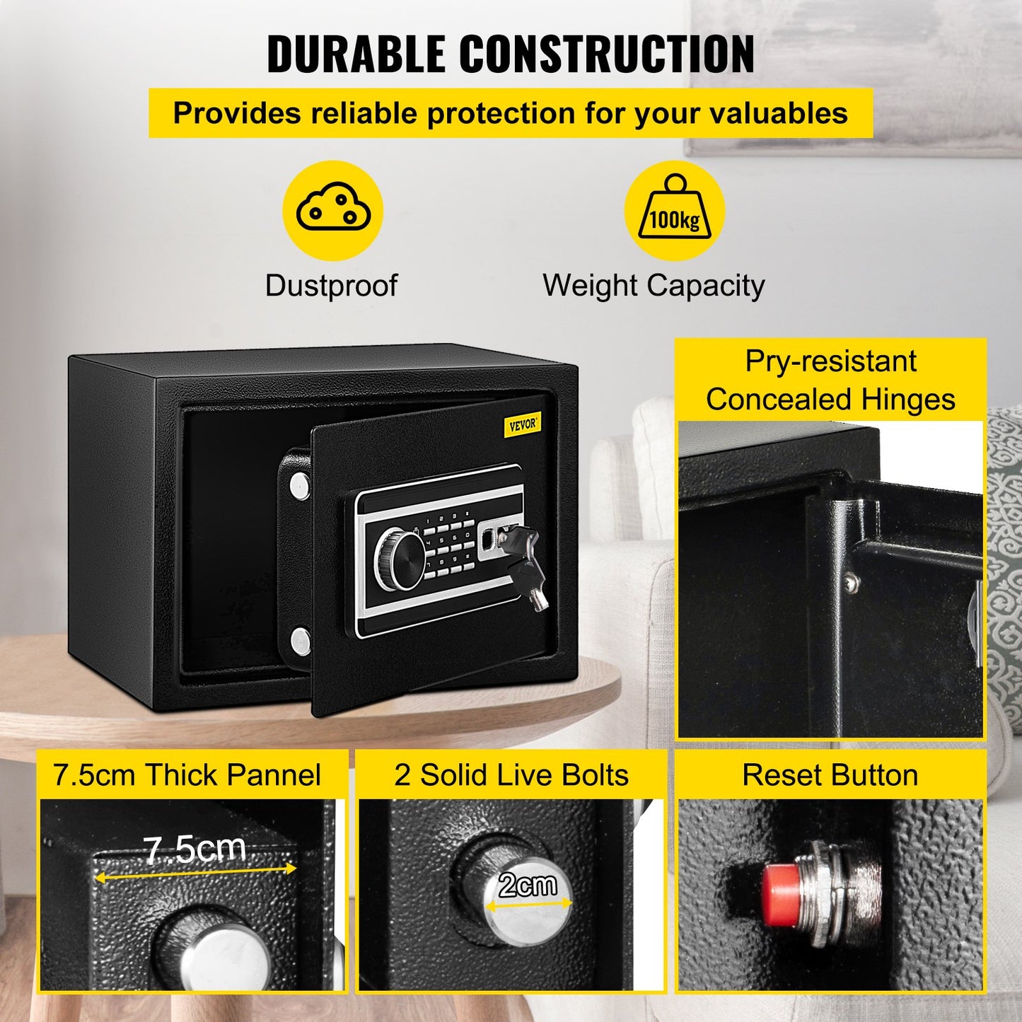 Safe Box, 0.8 CU.FT Fingerprint Safe Box for Money with 2 Keys & Digital Keypad, Q235 Steel Safe Box for Storing Cash, Jewelry, Pistols, Documents, Watches in Home & Office & Hotel
