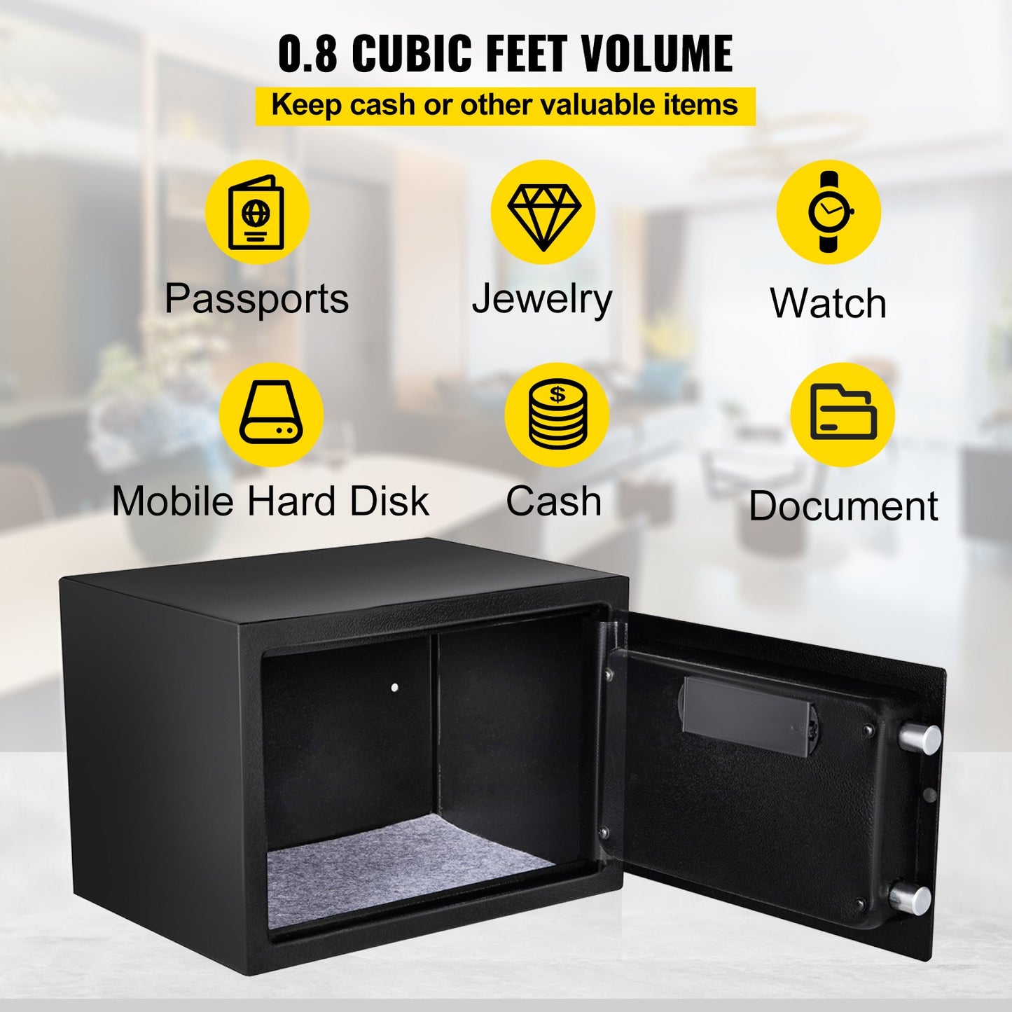 Safe Box, 0.8 CU.FT Fingerprint Safe Box for Money with 2 Keys & Digital Keypad, Q235 Steel Safe Box for Storing Cash, Jewelry, Pistols, Documents, Watches in Home & Office & Hotel