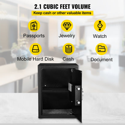 Safe Box, 2.1 CU.FT Fingerprint Safe Box for Money with 2 Keys & Digital Keypad, Q235 Steel Safe Box for Storing Cash, Jewelry, Pistols, Documents, Watches in Home & Office & Hotel
