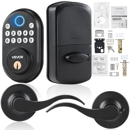 Fingerprint Door Lock with Level Handles, Fingerprint/Keypad Code/Key, One-Time and Anti-Peeking Password, Constant Unlock Mode, Aluminum Alloy, Electronic Keypad Deadbolt for Entry Doors