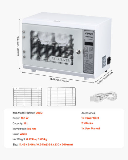 Nail Tool Cleaning Machine, 12L Large Capacity, Multi-Functional Tool Cabinet Cleaner Box with Timer Setting, Tempered Glass Door, 185nm Wavelength, for Labs, Home, Nail Salons, Beauty Salons