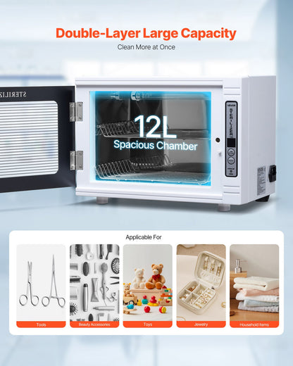 Nail Tool Cleaning Machine, 12L Large Capacity, Tool Cabinet Cleaner Box with Timer Setting, Tempered Glass Door, 185nm Wavelength, for Labs, Home, Nail Salons, Hair Studios, Beauty Salons