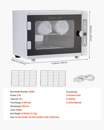 Nail Tool Cleaning Machine, 12L Large Capacity, Tool Cabinet Cleaner Box with Timer Setting, Tempered Glass Door, 185nm Wavelength, for Labs, Home, Nail Salons, Hair Studios, Beauty Salons