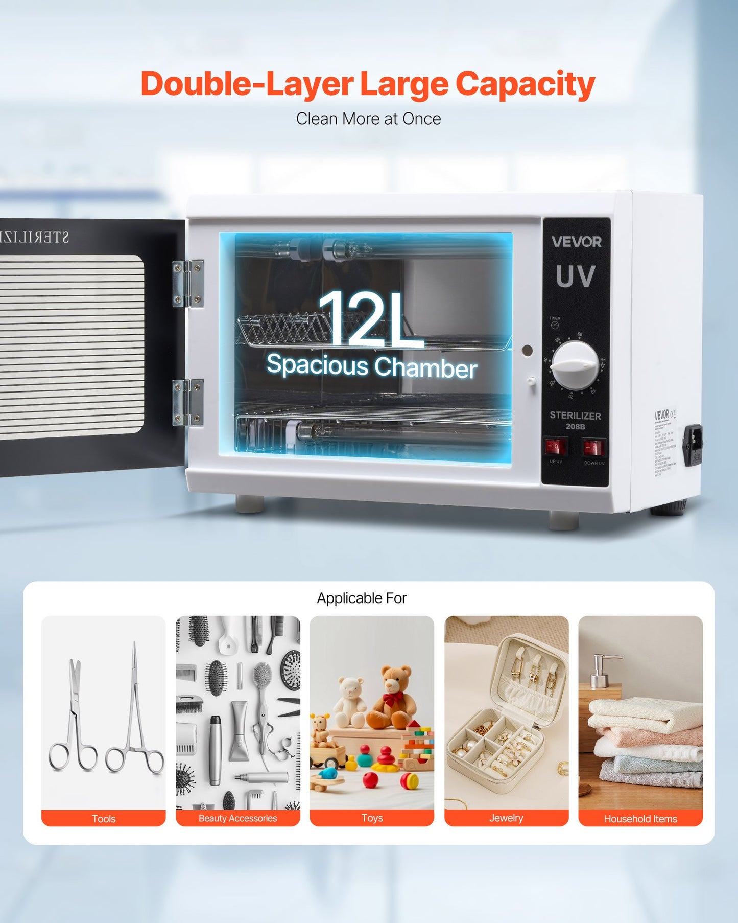 Nail Tool Cleaning Machine, 12L Large Capacity, Knob Control, Tool Cabinet Cleaner Box with Timer Setting, Tempered Glass Door, 185nm Wavelength, for Labs, Home, Nail Salons, Beauty Salons