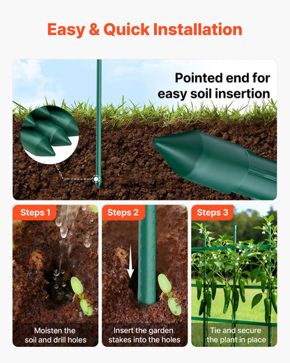 Garden Stakes, 50 Pack, 46.06 inch, Plastic Coated Metal Tomato Stakes, Garden Sticks for Plants Support, with Pointed End and Non-Slip Bumps for Growing Climbing Plants, Outdoor Vegetables