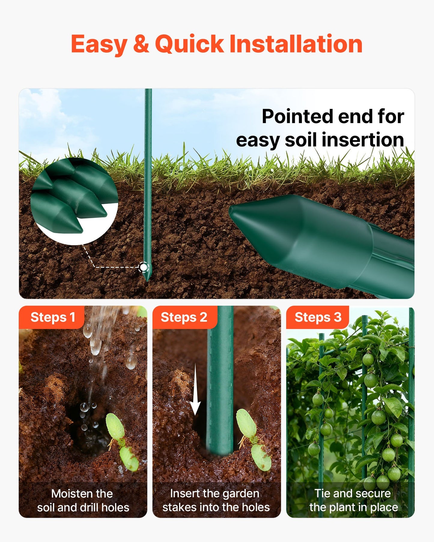 Garden Stakes, 25 Pack, 82.68 inch, Plastic Coated Metal Tomato Stakes, Garden Sticks for Plants Support, with Pointed End and Non-Slip Bumps for Growing Climbing Plants, Outdoor Vegetables