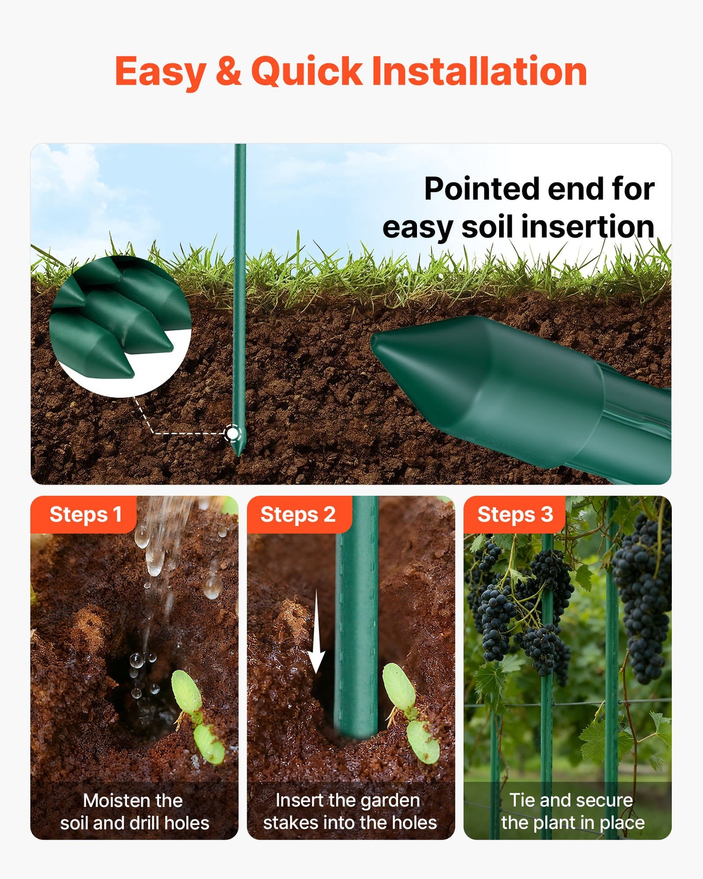 Garden Stakes, 10 Pack, 93.7 inch, Plastic Coated Metal Tomato Stakes, Garden Sticks for Plants Support, with Pointed End and Non-Slip Bumps for Growing Climbing Plants, Outdoor Vegetables
