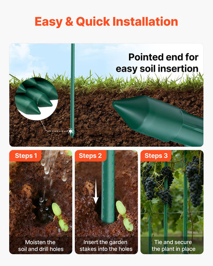 Garden Stakes, 10 Pack, 93.7 inch, Plastic Coated Metal Tomato Stakes, Garden Sticks for Plants Support, with Pointed End and Non-Slip Bumps for Growing Climbing Plants, Outdoor Vegetables