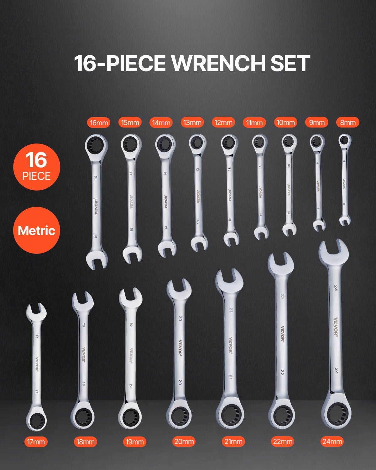 Combination wrench set 16-piece metric 8 mm to 24 mm with organizing rack