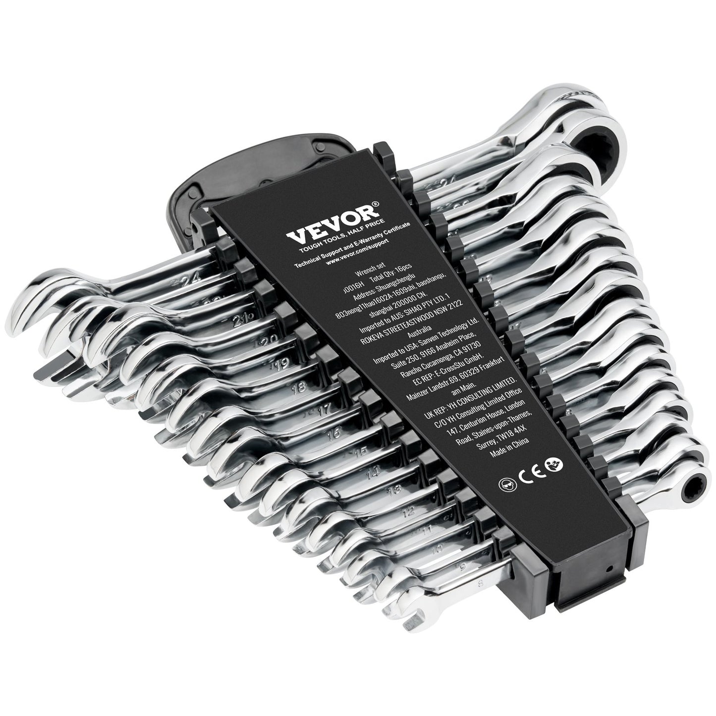 Combination wrench set 16-piece metric 8 mm to 24 mm with organizing rack