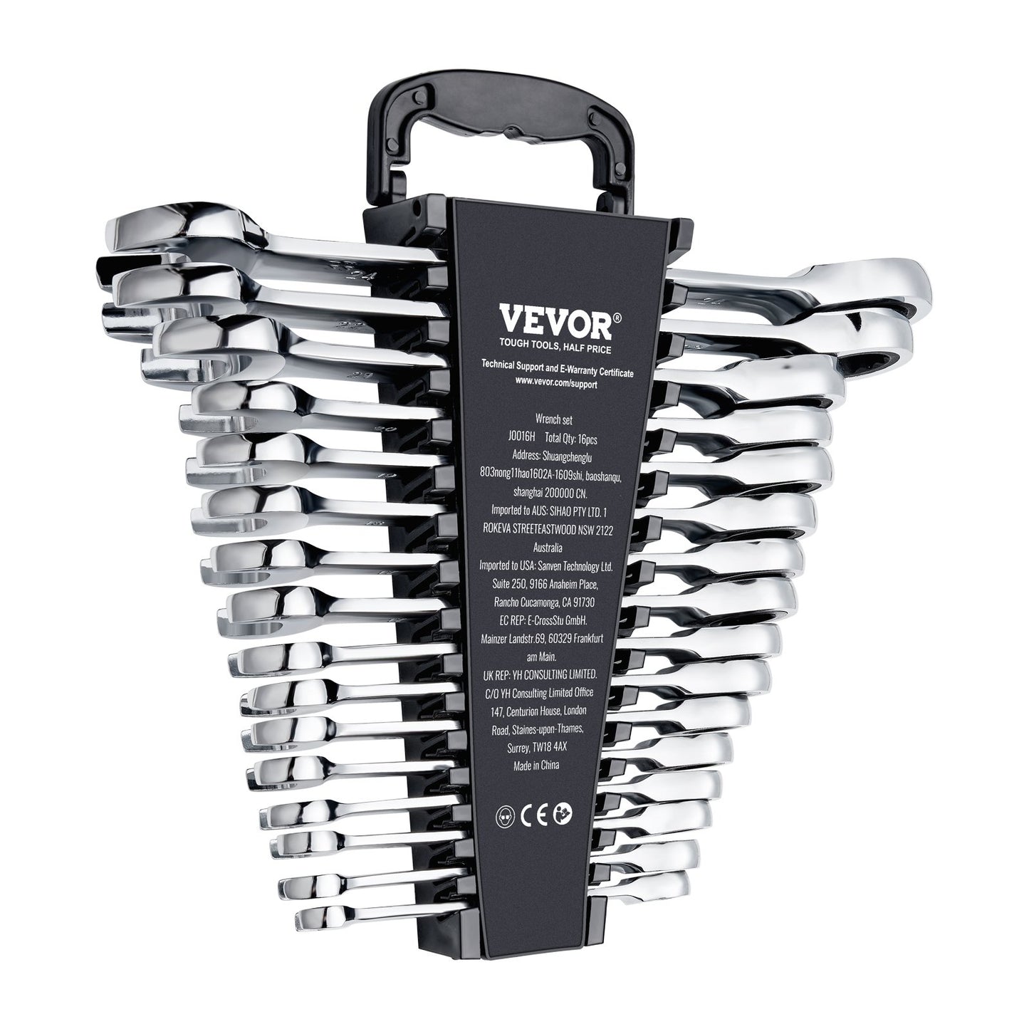 Combination wrench set 16-piece metric 8 mm to 24 mm with organizing rack