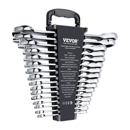 Combination wrench set 16-piece metric 8 mm to 24 mm with organizing rack