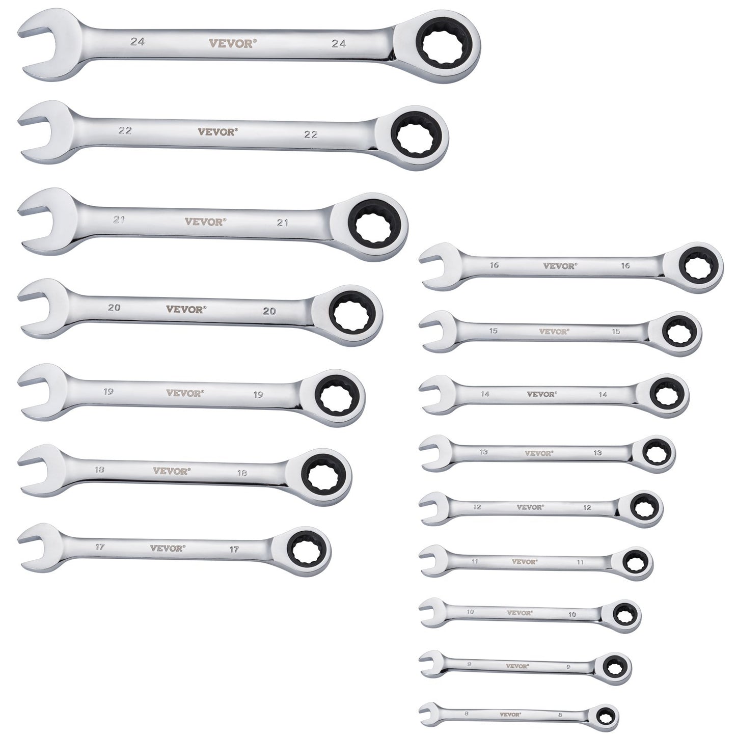 Combination wrench set 16-piece metric 8 mm to 24 mm with organizing rack
