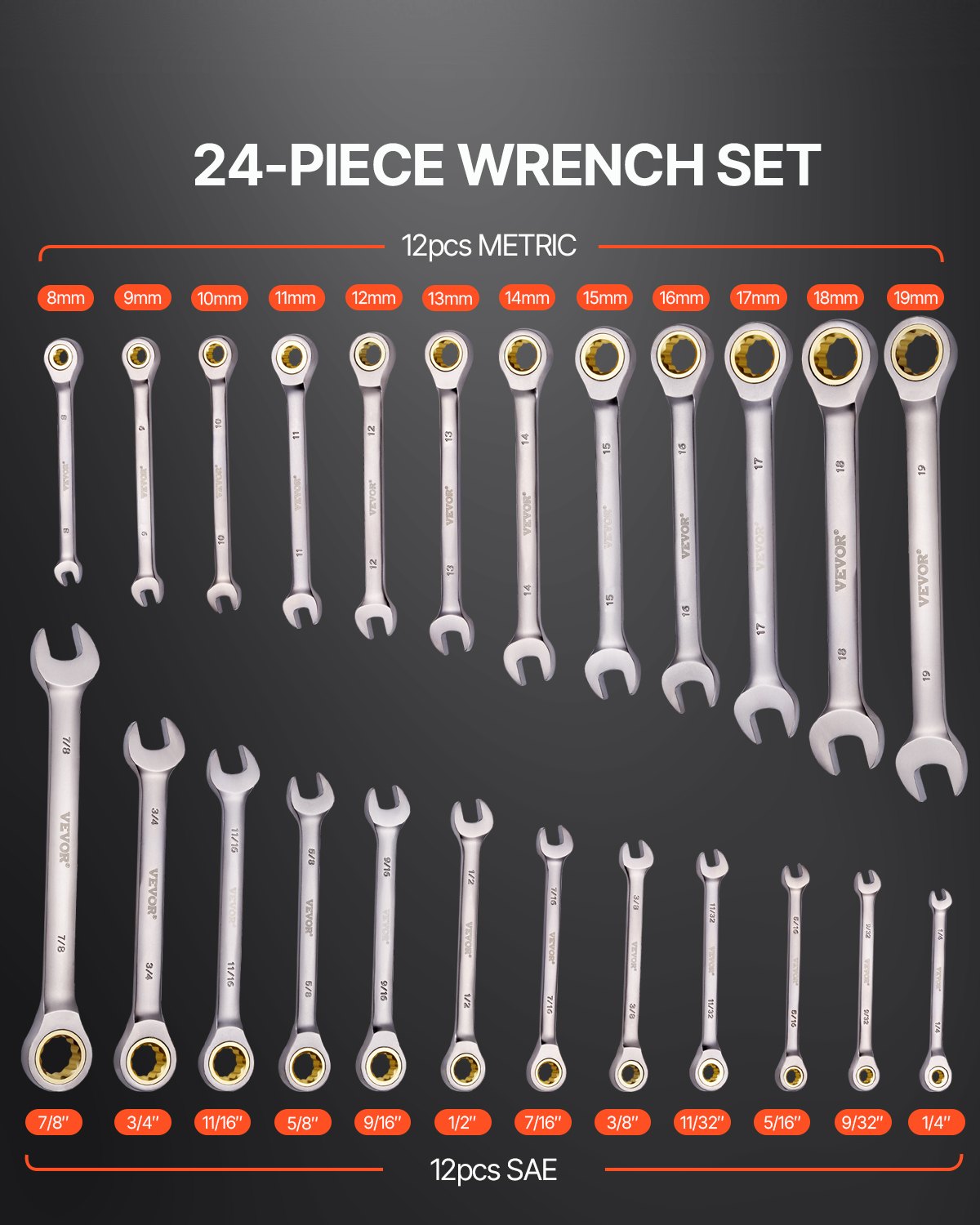 Combination Wrench Set 24 PCS SAE 1/4" - 7/8" Metric 8-19mm Organizer Rack