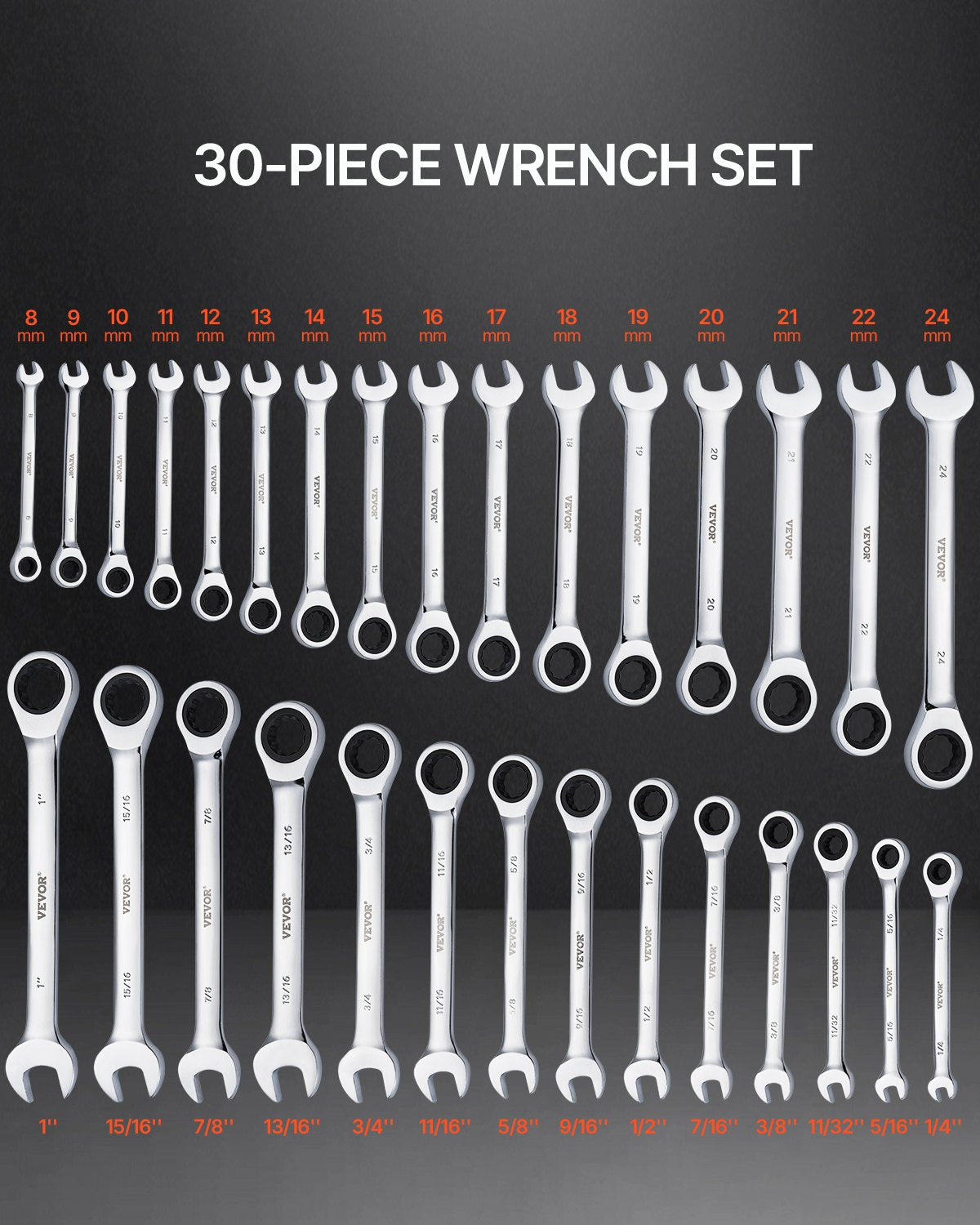 Combination wrench set 30 pcs SAE 1/4" to 1", metric 8-24 mm organizing rack