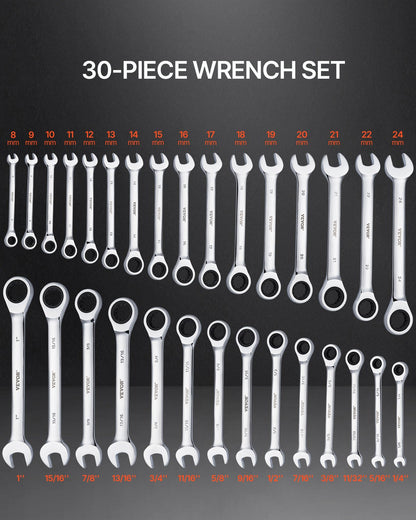 Combination wrench set 30 pcs SAE 1/4" to 1", metric 8-24 mm organizing rack
