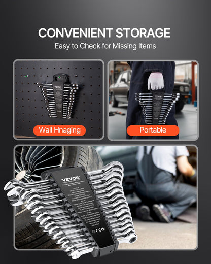 Combination wrench set 30 pcs SAE 1/4" to 1", metric 8-24 mm organizing rack
