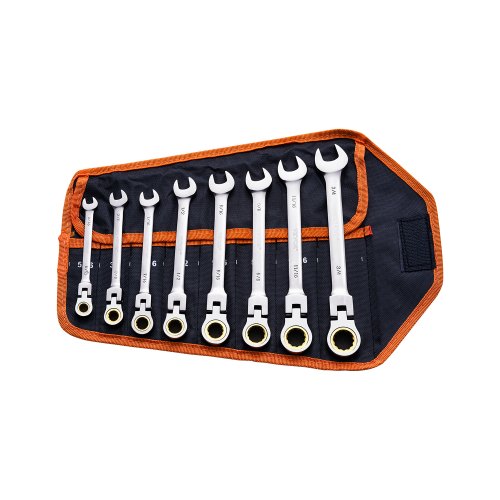 Flex-Head Ratcheting Wrench Set, 8-piece Combination Wrench Set with Roll-up Pouch, Cr-V Steel Flexible Ratcheting Wrench Set SAE 5/16" to 3/4", Ideal for General Household, Workshop, Garage