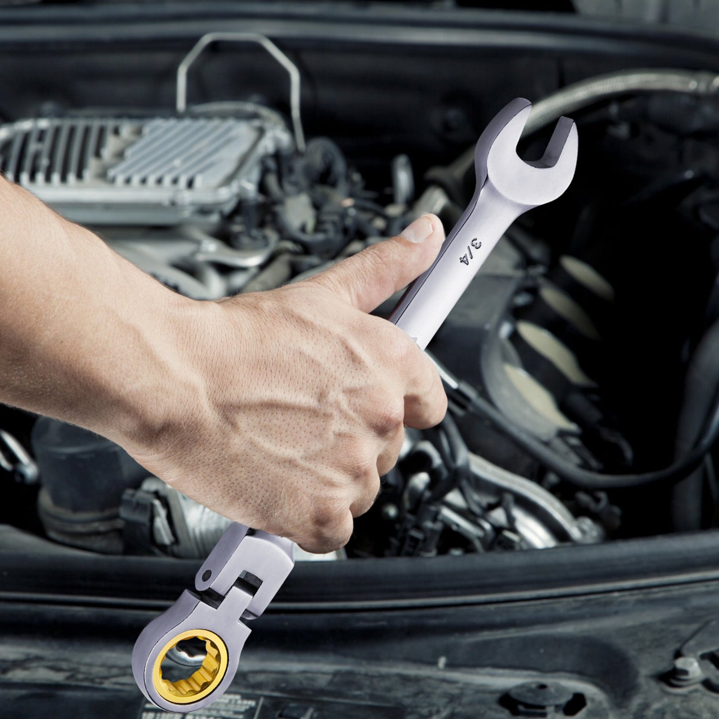 Flex-Head Ratcheting Wrench Set, 8-piece Combination Wrench Set with Roll-up Pouch, Cr-V Steel Flexible Ratcheting Wrench Set SAE 5/16" to 3/4", Ideal for General Household, Workshop, Garage