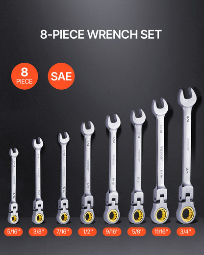 Flex-Head Ratcheting Wrench Set, 8-piece Combination Wrench Set with Roll-up Pouch, Cr-V Steel Flexible Ratcheting Wrench Set SAE 5/16" to 3/4", Ideal for General Household, Workshop, Garage