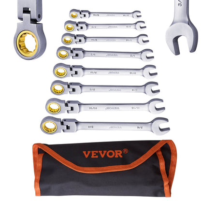 Flex-Head Ratcheting Wrench Set, 8-piece Combination Wrench Set with Roll-up Pouch, Cr-V Steel Flexible Ratcheting Wrench Set SAE 5/16" to 3/4", Ideal for General Household, Workshop, Garage