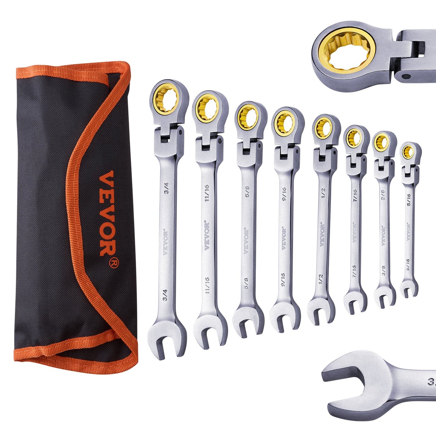 Flex-Head Ratcheting Wrench Set, 8-piece Combination Wrench Set with Roll-up Pouch, Cr-V Steel Flexible Ratcheting Wrench Set SAE 5/16" to 3/4", Ideal for General Household, Workshop, Garage