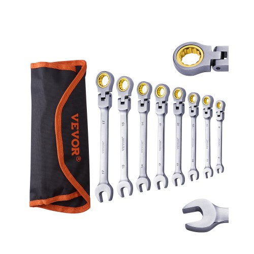 Flex-Head Ratcheting Wrench Set, 8-piece Combination Wrench Set with Roll-up Pouch, Cr-V Steel Flexible Ratcheting Wrench Set Metric 8 mm to 17 mm, Ideal for General Household, Auto Repairs