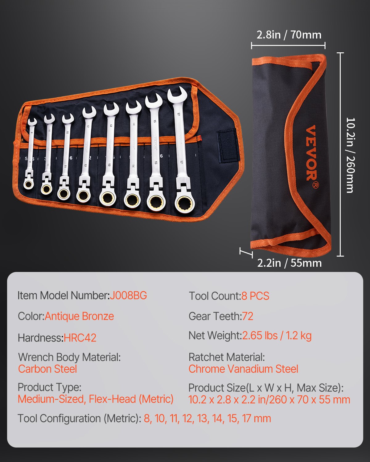 Flex-Head Spärrnyckel Set 8 PC Metrisk 8 mm-17 mm med Roll-up påse