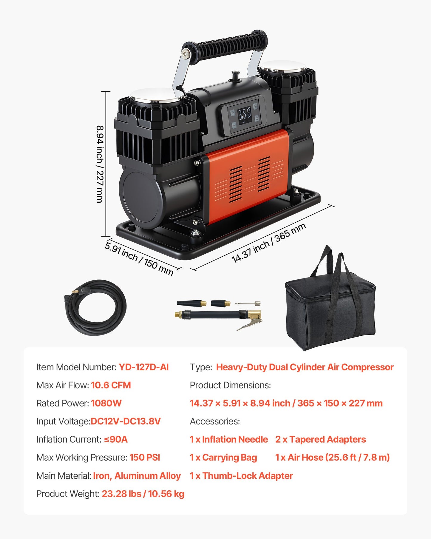 Dual-Cylinder Heavy Duty Air Compressor, 10.6CFM Auto-Stop Portable Tire Inflator, 12V 150PSI Offroad Air Pump with LCD Digital Display & Adapters for Truck Car SUV 4 x 4 Vehicle RV