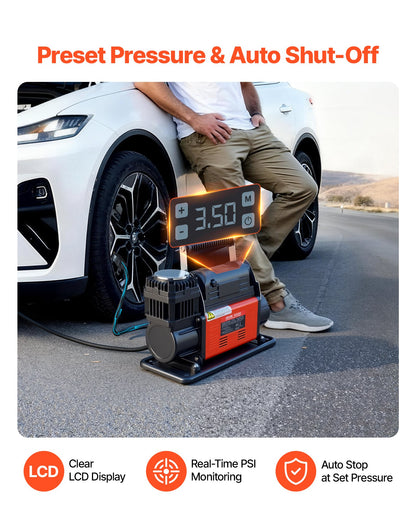 12V Heavy Duty Air Compressor, Auto-Stop Portable Tire Inflator with LCD Digital Display, 7.14 CFM 150PSI Offroad Air Pump with Adapters for Trucks Car SUV 4 x 4 Vehicle RV