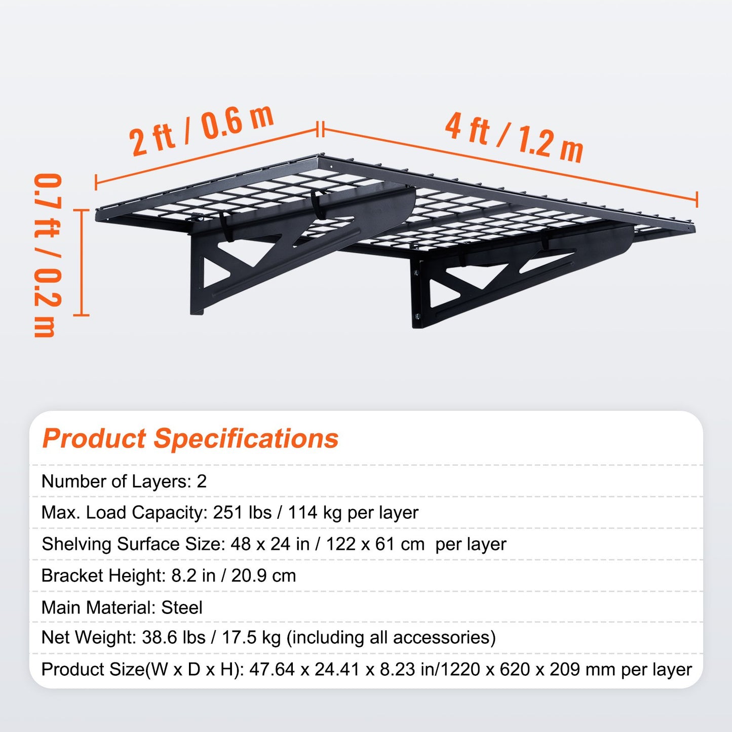 Garage Storage Shelves, 2-Pack, 4 x 2 ft. Heavy Duty Garage Shelves Wall Mounted, 502 lbs Load Capacity (Total) Garage Storage Rack Floating Shelves, Suitable for Shop, Shed, Garage Storage