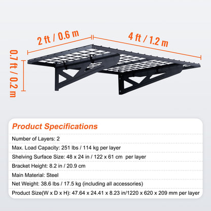 Garage Storage Shelves, 2-Pack, 4 x 2 ft. Heavy Duty Garage Shelves Wall Mounted, 502 lbs Load Capacity (Total) Garage Storage Rack Floating Shelves, Suitable for Shop, Shed, Garage Storage