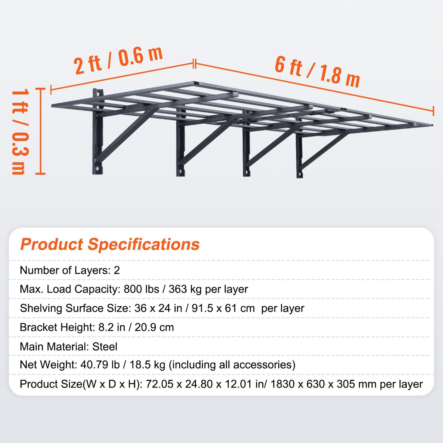 Garage Shelves, 2-Pack, 6 x 2 ft. Heavy Duty Garage Shelves Wall Mounted, 1600 lbs Load Capacity (Total) Garage Storage Rack Floating Shelves, Suitable for Shop, Shed, Garage Storage