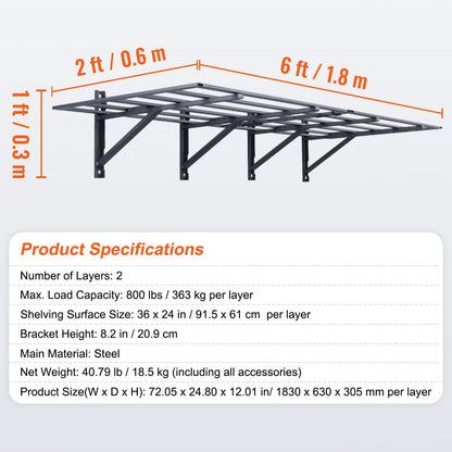Garage Shelves, 2-Pack, 6 x 2 ft. Heavy Duty Garage Shelves Wall Mounted, 1600 lbs Load Capacity (Total) Garage Storage Rack Floating Shelves, Suitable for Shop, Shed, Garage Storage